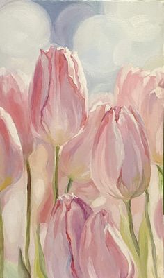 a painting of pink tulips in a field