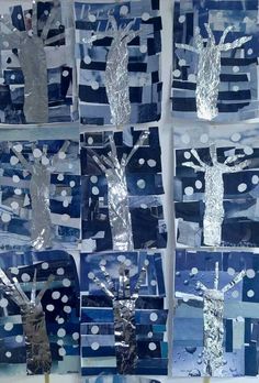 several pieces of art made with blue and white paper, some are cut out to look like trees