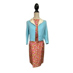 "Vintage sleeveless dress, chintz pattern,  silk with pink polyester lining, hand pieced,  40 in. Long, waist 23 in. Vintage cocktail  Jacket linen exterior and silk interior  lining. A bit of Ring around the collar consistent with use and age. Size small  jacket. Both in good vintage condition. Ca  1960s Cocktail jacket, Ladies Vintage wear, ladies  Estate wear, ladies mid century clothing, ladies blue linen vintage jacket, ladies  vintage floral dress, ladies Vintage fashion,  collectible vint Spring Retro Vintage Dress For Formal Occasions, 1950s Style Vintage Dress For Spring Formal, 1950s Style Spring Workwear Dresses, Sleeveless Vintage Dress For Spring Formal, 1950s Style Vintage Dress For Spring Workwear, 1950s Style Dresses For Spring Workwear, Vintage Silk Dresses For Work, Spring Vintage Dress For Formal Occasion, Spring Vintage Formal Dress With Lining