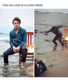 two pictures one with a man sitting on a chair and the other with a fire