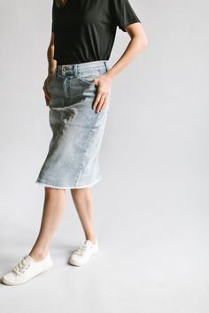 'Lily' Light Denim Knee Length Skirt Everyday Medium Wash Bottoms With Frayed Hem, Spring Knee-length Denim Blue Skirt, Trendy Mid-rise Denim Skirt With Frayed Hem, Spring Mid-rise Washed Denim Skirt, Spring Mid-rise Stretch Denim Skirt, Summer Stretch Denim Skirt, Stretch Denim Knee-length Skirt, Trendy Short-length Pencil Skirt For Spring, Trendy Short Length Pencil Skirt For Spring