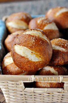 a basket filled with loaves of bread