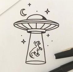 a drawing of a flying saucer with a dog on it's side and stars in the background