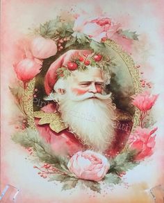 a painting of santa claus with flowers and roses around his neck, wearing a wreath