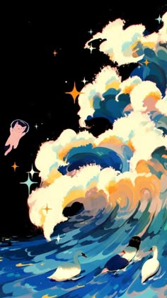 a painting of an ocean wave with birds flying above it and stars in the sky