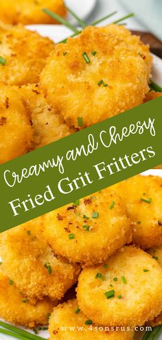 some fried food on a white plate with green lettering that says creamy and cheesy fried grits