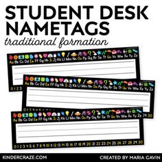 three student desk name tags with colorful letters and numbers on the front, in black and white