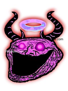 a drawing of a purple devil with a frisbee in its mouth and eyes