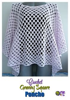 the crochet granny square poncho pattern is shown in white and black