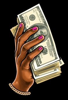 a woman's hand with pink nail polish holding stacks of money in front of her face