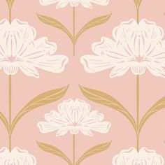 a pink and gold floral wallpaper with large white flowers