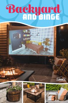 the backyard and binge book is shown with pictures of furniture, fire pit and outdoor seating