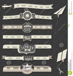 set of vintage styled ribbons and banners on blackboard with clippings for text