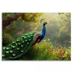 a painting of a peacock standing on top of a lush green field with red flowers