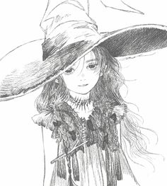 a drawing of a girl wearing a witches hat