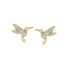 Ross-Simons - .30ct t. w. Diamond Hummingbird Stud Earrings in 18kt Yellow Gold Over Sterling. Sweet hummingbird studs come to life in .30 ct. t. w. round brilliant-cut diamonds in white rhodium. Set in polished 18kt yellow gold over sterling silver. Post/clutch, diamond hummingbird stud earrings. Diamond birthstones are the perfect gift for April birthdays. Jewelry Presentation, Diamond Birthstone, The Authority, Stone Cuts, Fine Jewellery Earrings, Round Brilliant Cut Diamond, Diamond Stone, Diamond Earrings Studs, Round Brilliant