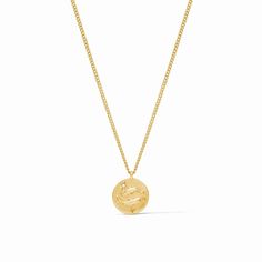 A detailed gold medallion necklace featuring a representation of your zodiac sign accented with a glittering gemstone star, with the astrological symbol engraved on the reverse. 24K gold plate, CZ Length: 16.5 / 17.5 inches (adjustable) Closes with lobster clasp Julie Vos hallmark Gold Medallion Necklace, Astrological Symbols, Julie Vos, Gold Medallion, Bas Relief, Medallion Necklace, Wallet Pouch, Monogram Gifts, Delicate Necklace