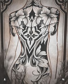 an artistic drawing of a woman's back with flowers on her chest and shoulders