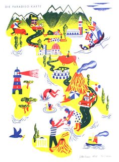 an illustrated map with many different types of people and animals on it's sides