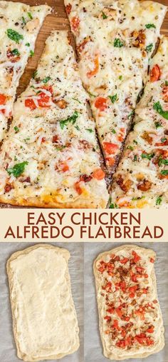 an easy chicken alfredo flatbread is cut into slices