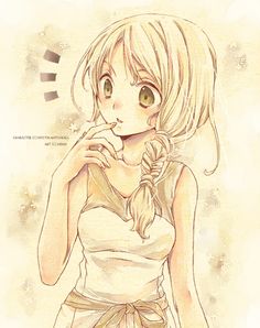 a drawing of a girl with blonde hair wearing a white dress and holding a flower in her hand