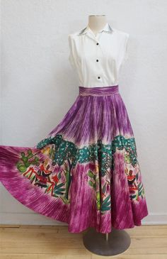 1950's Hand Painted Purple Circle Skirt / Mexican Souvenir Skirt / Size: 29" Waist or Smaller by MTvintageclothing on Etsy Mens Black Vest, Purple Circle, Skirt Circle, Sitting On A Bench, Couple Sitting, Smaller Hips, Pear Cactus, Prickly Pear Cactus