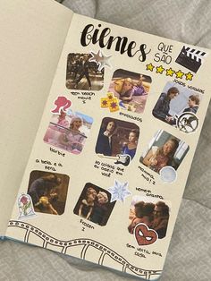 an open notebook with stickers and pictures on the pages that spell out scenes from movies