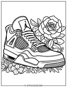 a shoe with flowers on the side and a flower in the middle coloring page for adults