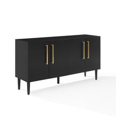 a black cabinet with gold handles and two doors on the front, against a white background