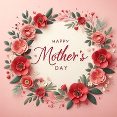 happy mother's day card with paper flowers and leaves on pink background, top view