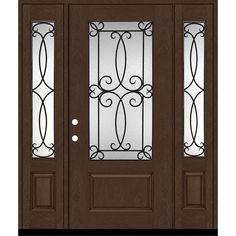 a double door with glass panels and wrought iron designs on the side panel, in dark brown