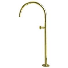 a brass colored faucet with an extended arm and round spout, on a white background