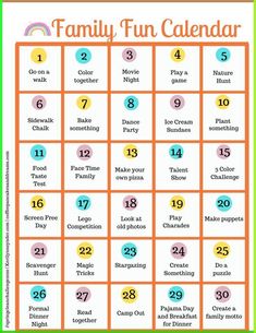 a family fun calendar with numbers and colors