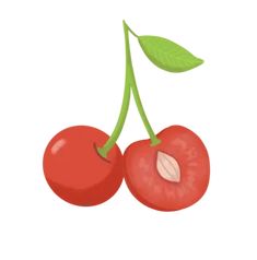 two cherries with green leaves on them