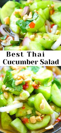 two pictures of cucumber salad with the words best thai cucumber salad