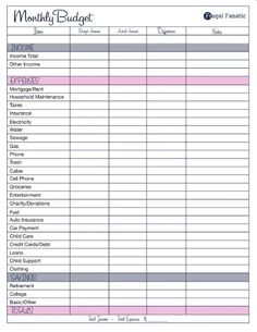 a printable budget sheet with pink and gray stripes on the bottom, in front of a