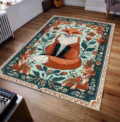 a rug with an image of a red fox on it in the middle of a room