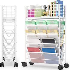 two white shelving racks with files and folders on wheels next to each other