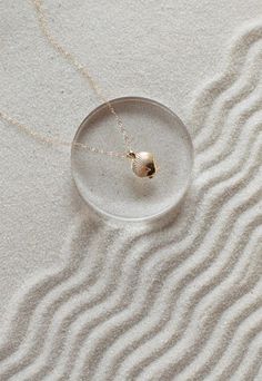 a necklace with a shell in it sitting on the sand