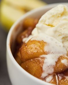 a close up of a bowl of food with ice cream