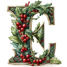 the letter d is decorated with holly and red berries