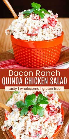 bacon ranch quinoa chicken salad in an orange bowl