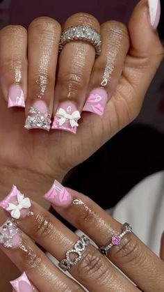 Nails With A Lot Of Charms, Cute Short Acrylic Nails Square, Dope Nail Designs Mid Length, Pink Nails Simple, Bubble Gum Pink Nails, Silver And Pink Nails, Birthday Nails Pink, Sweet 16 Nails