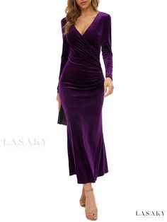 Lasaky - Stylish V-neck Solid Evening Dress for Women, Long Sleeve Stretchy Party Dress, Womens Sophisticated Attire Velvet Evening Dress, Velvet Dress Long, Mermaid Evening Gown, 파티 드레스, Evening Dresses With Sleeves, Fishtail Dress, Dress Sleeve Styles, Long Evening Gowns, Vestidos Vintage