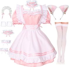 PRICES MAY VARY. High-quality Fabric: Polyester, cotton , well made, soft and comfy to the touch , cute anime maid queen princess dress outfit look. The complete 8 pcs set includes: dress + apron + maid headwear + cat ear + neck ring + bracelet * 2 + leg ring * 2+ knee socks. Distinctive Design: There is a big bow design on the back of the dress, with Pink bow or ribbon on the waist skirt, it looks more cute. The pink base skirt is matched with a white apron. Applicable Occasion: It’s suitable f Princess Dress Outfit, Halloween Makeup Costume, Leg Ring, Dress Apron, Pink Apron, Neck Ring, Maid Cosplay, Anime Maid, Pastel Outfit