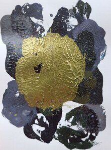 an abstract painting with gold and black flowers