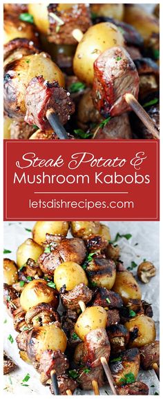 steak and mushroom kabobs are served on skewers