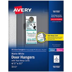 Use the Avery 16150 4 1/4" x 11" printable door hanger cards to make custom door hangers and promote your business! These door hangers come on standard letter size sheets that work with inkjet and laser printers. Design and print your own custom logos, colors, and messages on both sides. The door hanger shapes are easy to pull out from the sheets with no scissors required.    These hangers provide an easy way to advertise your business on the doors of residential homes, offices, and any other lo Custom Door Hangers, Door Hanger Template, Loyalty Cards, White Sheet, Advertise Your Business, White Doors, Custom Door, Label Templates, How To Attract Customers