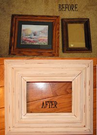 two framed pictures sitting on top of a wooden shelf next to a wall with the words before and after