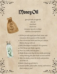 New Job Ritual, Manifestation Oil Recipe, Money Bowl Spell, Money Oil Recipe, Money Bowl, Money Flowing, Money Oil, Magick Oil, Wicca Recipes